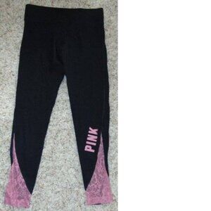 Womens Victorias Secret PINK Yoga Pants Medium Black Cropped Pink Lace Bottoms